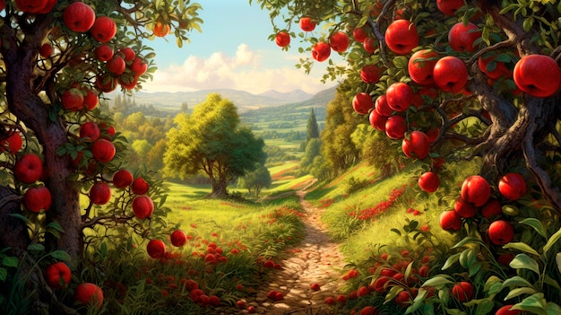 Giardino di mele estivo Illustrazione generativa dell'IA