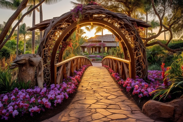 Giardino di orchidee con una panchina di legno sotto una pergola