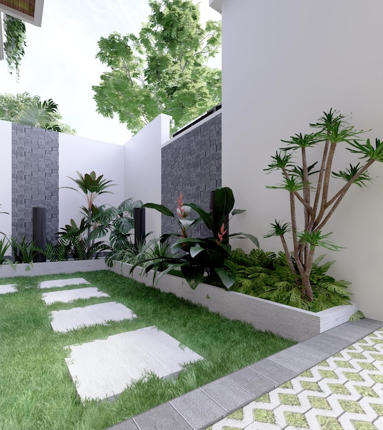 Giardino di rendering 3d davanti alla casa con piante ornamentali