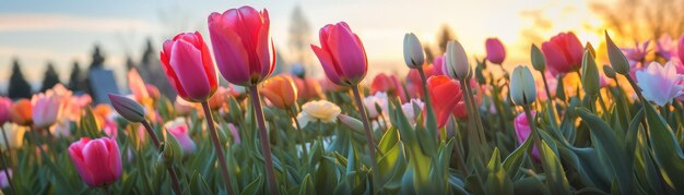 Giardino di tulipani colorati con uno striscione sfocato del cielo dell'alba per l'intelligenza artificiale generativa del Web