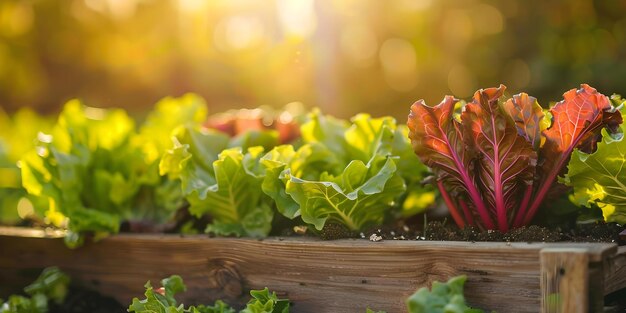 Giardino di verdure lussureggiante in letto di legno rialzato con lattuga e carpa sotto la luce solare dorata Concetto Giardinaggio Giardino vegetale a letti rialzati Lattuga carpa Luce solare Crescita alimentare Agricoltura biologica