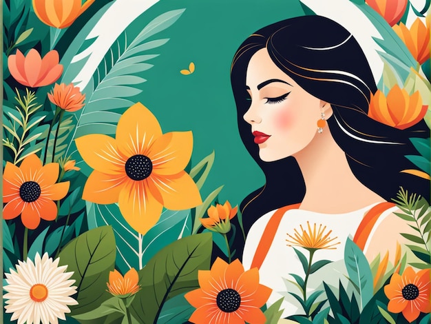 Giardino e giardinaggio Vettore illustrazione colorata di una donna carina su uno sfondo floreale di fiori