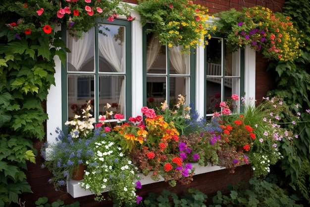 Giardino finestrato traboccante di fioriture colorate e fogliame creato con intelligenza artificiale generativa