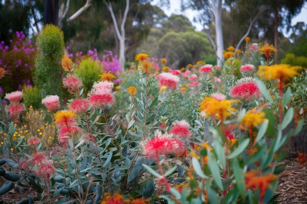 Giardino fiorito di eucalipto con un mix di fioriture colorate