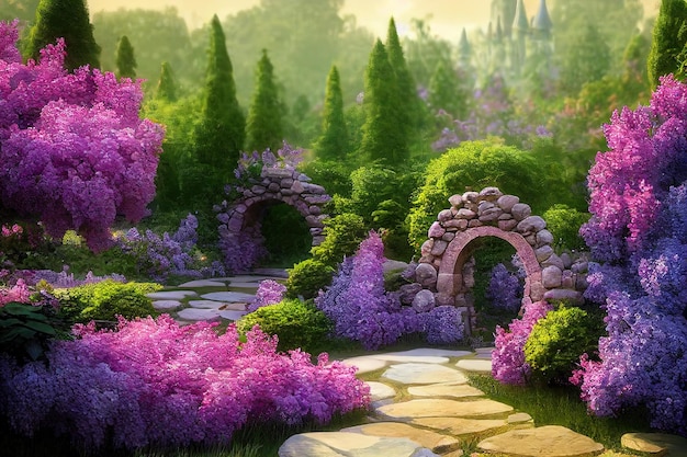 Giardino fiorito in un giorno d'estate cespugli di lillà ad arco in pietra e alberi in fiore sotto un cielo blu con nuvole illustrazione 3D