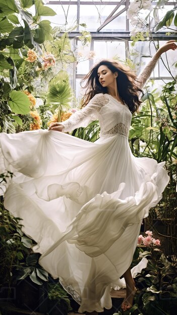 giardino fiorito Una donna in abito bianco