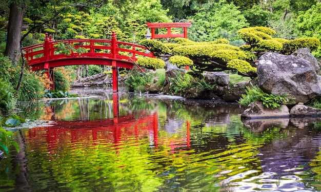 Giardino giapponese e ponte rosso sull'acqua