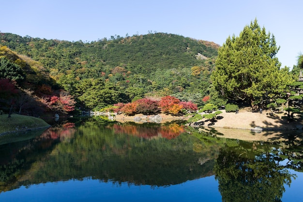 Giardino giapponese tradizionale di Ritsurin in autunno