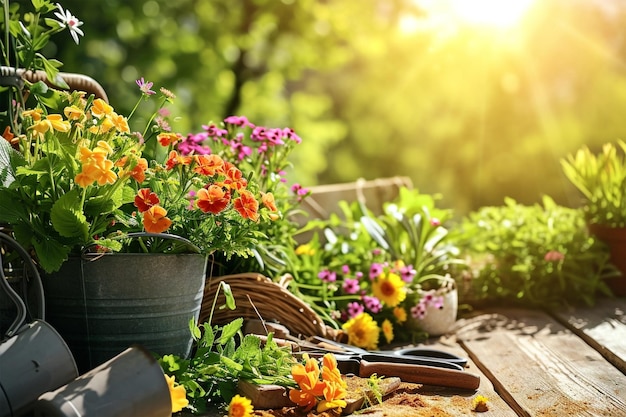 Giardino illuminato dal sole con attrezzi da giardino, piante e fiori