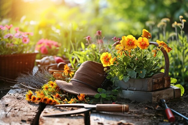 Giardino illuminato dal sole con attrezzi da giardino, piante e fiori