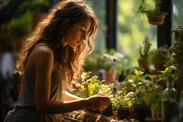 Giardino in casa piante in vaso disposte sui davanzali delle finestre e una persona che si occupa di una varietà di piante d'interno Fotografia utilizzando la luce naturale per catturare il calore e l'accoglienza dell'ambiente