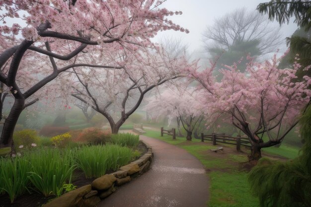 Giardino in fiore di ciliegio con alberi in fiore circondati da nebbia mattutina nebbiosa creata con intelligenza artificiale generativa