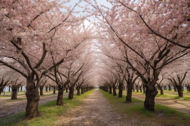 Giardino in fiore di ciliegio con filari di ciliegi in piena fioritura creato con intelligenza artificiale generativa