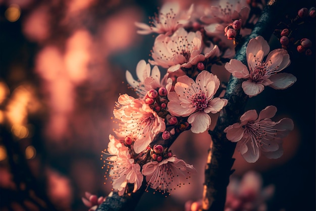 Giardino in fiore di ciliegio con morbido Bokeh e luci sfocate