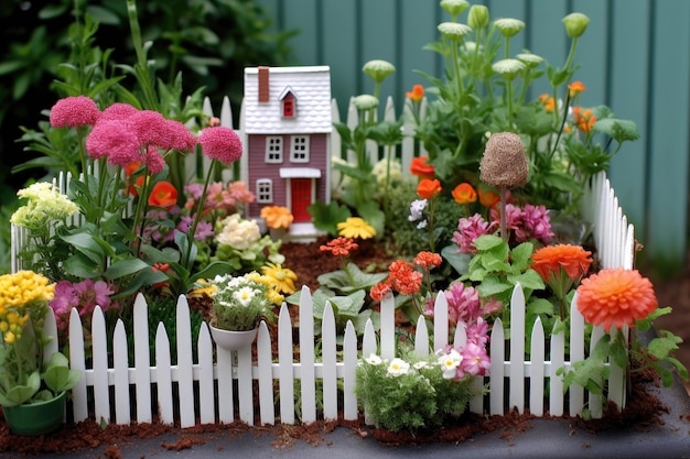 Giardino in miniatura con fiori e una recinzione creata con ai generativi