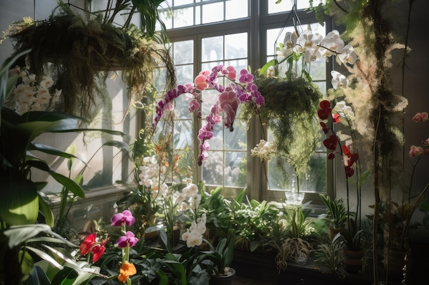 Giardino interno con vegetazione pensile e orchidee in fiore