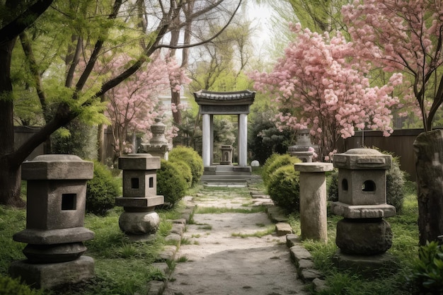 Giardino lussureggiante con alberi di ciliegio in fiore e lanterne di pietra create con l'IA generativa