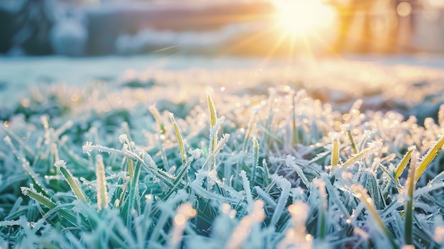 Giardino mattutino congelato con la luce del sole natura invernale in primo piano