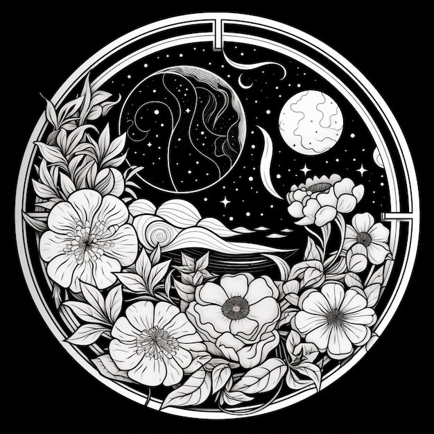 Giardino mistico al chiaro di luna Art Deco Icona circolare di incantevole finestra floreale