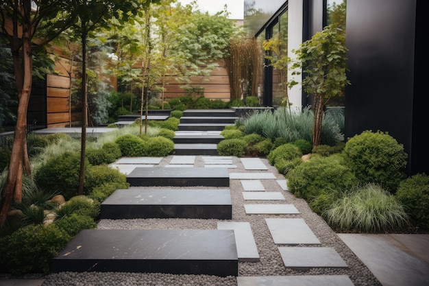 Giardino moderno con pietre miliari eleganti e contemporanee circondate dal verde