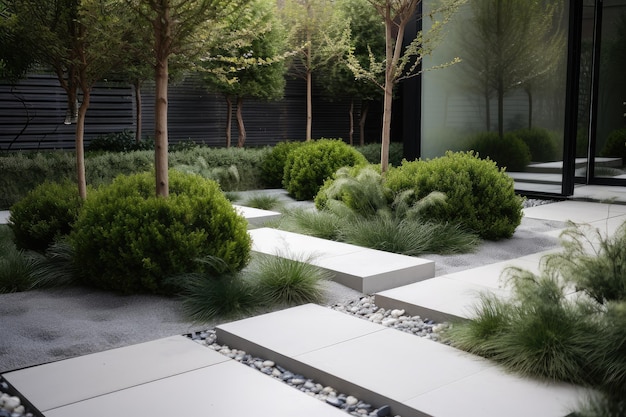 Giardino moderno con pietre miliari eleganti e piantagione minimalista