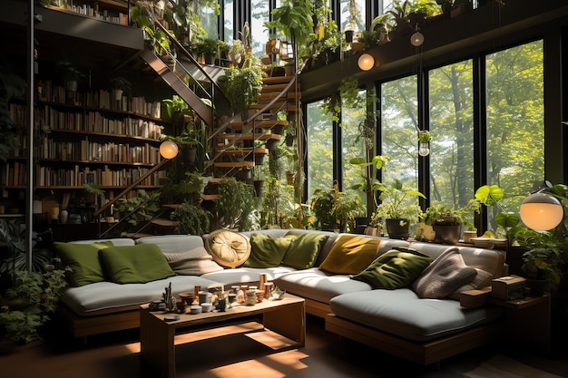Giardino o pianta gigante che sovrasta l'appartamento all'interno Stile di design del soggiorno con parete verde