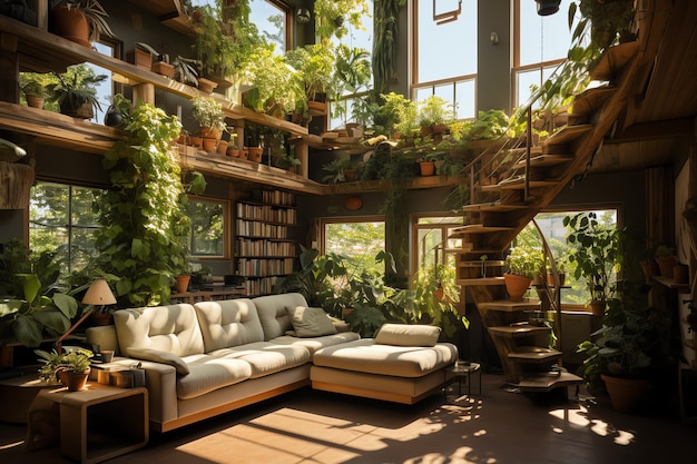 Giardino o pianta gigante che sovrasta l'appartamento all'interno Stile di design del soggiorno con parete verde
