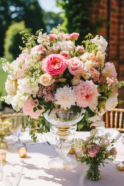 Giardino per matrimoni in campagna e decorazioni floreali bellissime e lussuose decorazioni di fiori rosa in stile country generativo ai