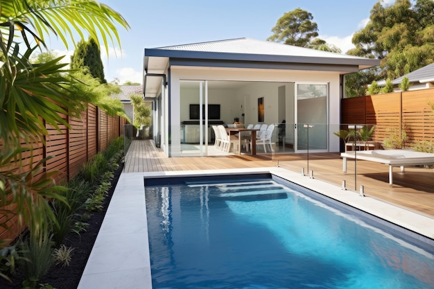 Giardino posteriore di una casa australiana contemporanea con piscina generata