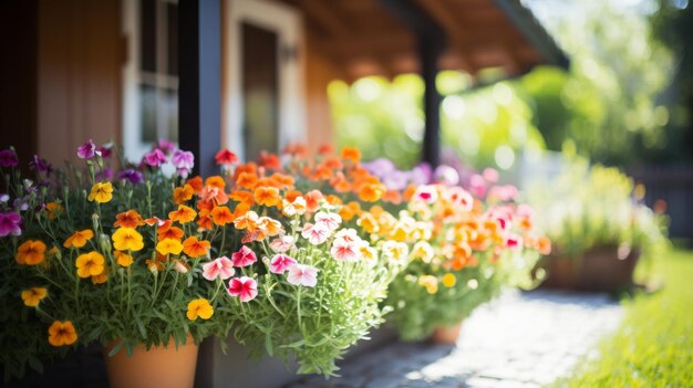 Giardino primaverile con fiori e piante sullo sfondo soleggiato e casa sfocata sullo sfondo