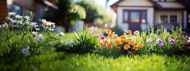 Giardino primaverile con fiori e piante sullo sfondo soleggiato e casa sfocata sullo sfondo