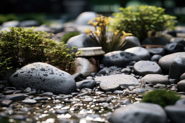 Giardino roccioso giapponese con piante di pietre posizionate con cura e sabbia Illustrazione generativa AI