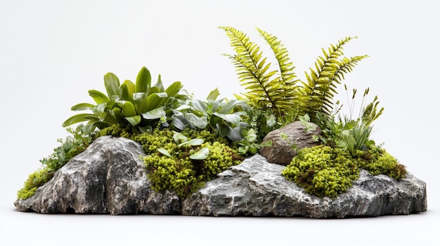 Giardino roccioso in miniatura paesaggio studio shot piante muschio sfondo bianco decorazione della casa