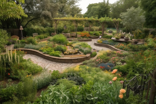 Giardino scultoreo con percorsi tortuosi, fontane e vivaci piantagioni