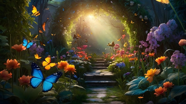 Giardino segreto incantato con fiori luminosi e farfalle per la carta da parati del desktop