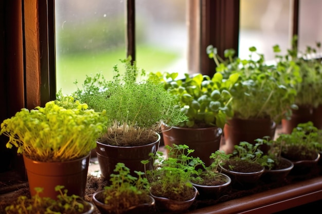 Giardino sul davanzale con microgreen e erbe create con AI generativa