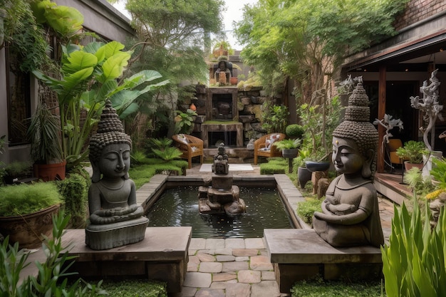 Giardino tranquillo con giochi d'acqua sereni circondati da sculture e altri elementi artistici