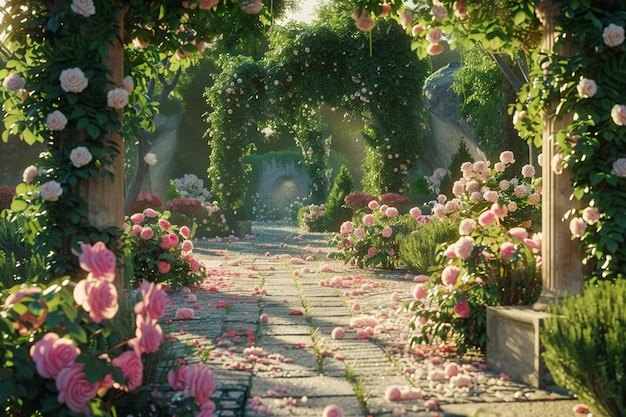 Giardino tranquillo con rose in fiore