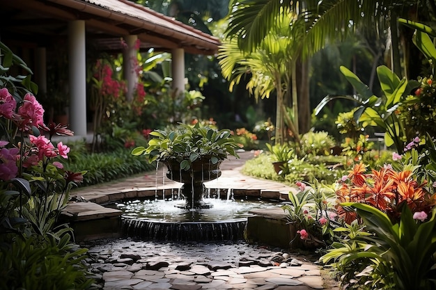 Giardino tropicale con fontana vicino alla villa