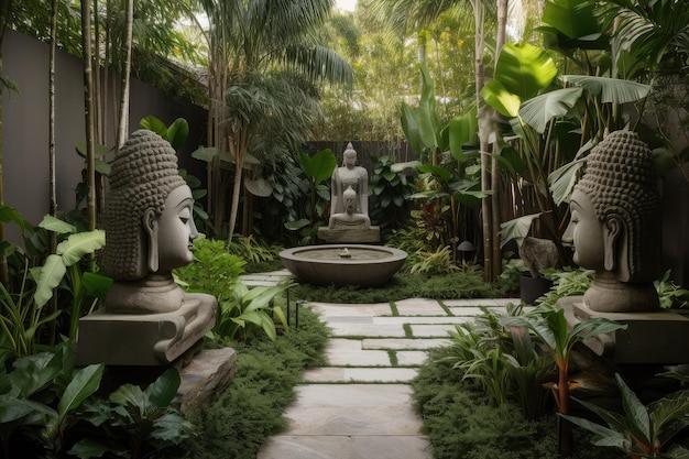 Giardino tropicale con sculture e giochi d'acqua