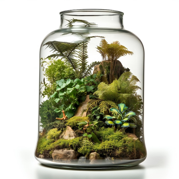 Giardino tropicale in un barattolo di vetro isolato su uno sfondo bianco