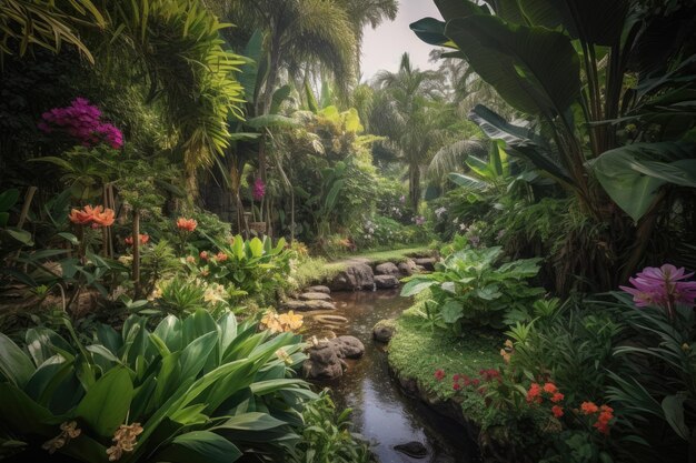 Giardino tropicale lussureggiante con maestosi fiori e uccelli generativi IA