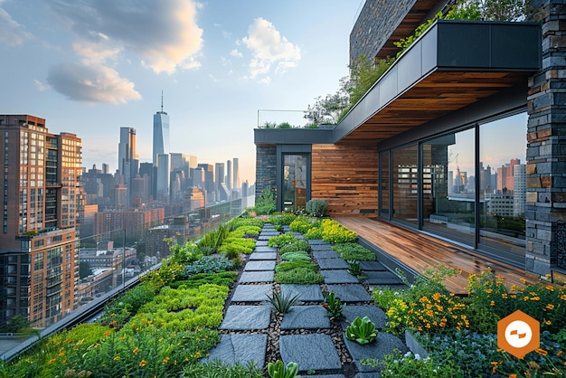 Giardino urbano sul tetto con bordi morbidi di verde e skyline