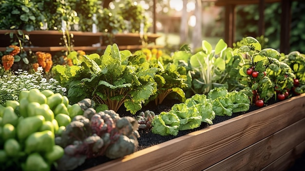 Giardino vegetale a letto rialzato in legno che è organico AI generativa