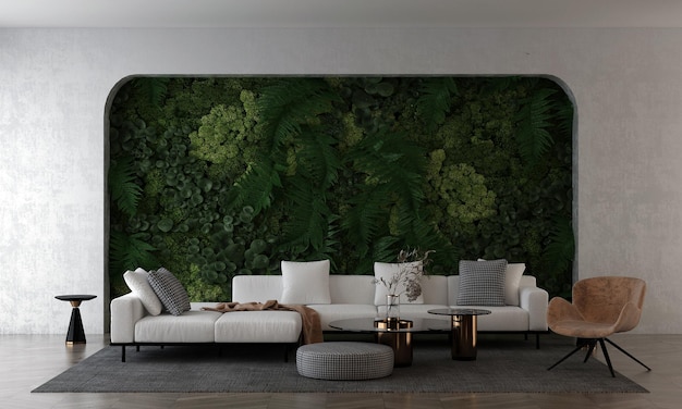 Giardino verticale Parete vegetale e accogliente interno del soggiorno decorazione di design moderno rendering 3d
