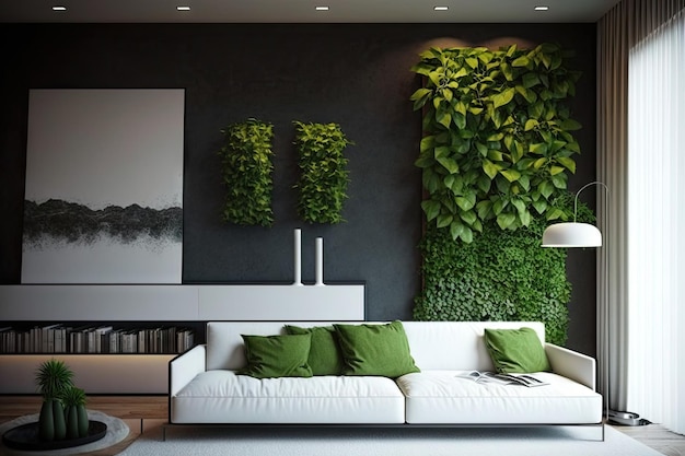 Giardino verticale sulla parete in un soggiorno moderno con mobili minimalisti creati con ai generativi