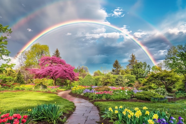 Giardino vibrante con l'arcobaleno nel cielo