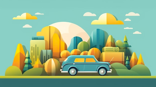 GIF animata di un'auto che guida attraverso un paesaggio collinare con un portabagagli in alto in giallo blu e verde AI Generative
