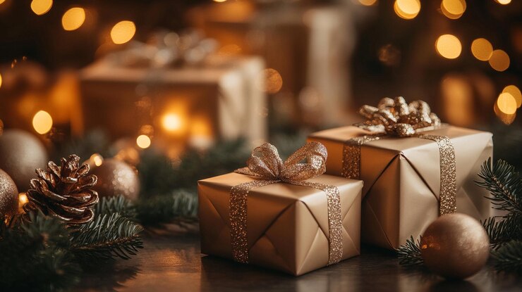 gift boxes with gold ribbon and Christmas ornament with blur festive light background