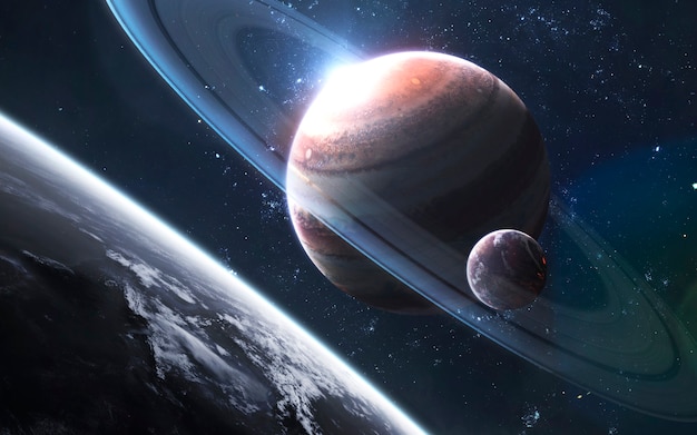 Gigante gassoso con satellite, fantastico sfondo di fantascienza, paesaggio cosmico. Elementi di questa immagine forniti dalla NASA